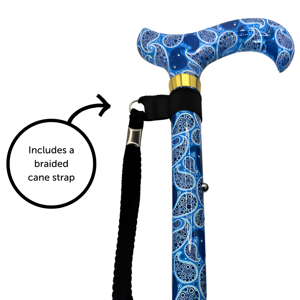 Blue Majesty Folding Cane with Braided Cane Strap