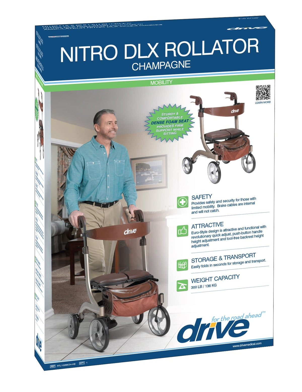 Drive Medical Nitro DLX Rollator, Firm Foam Seat